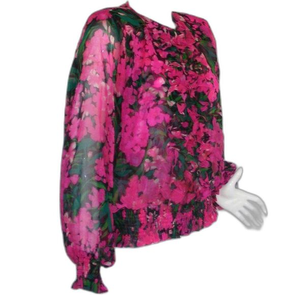 FLORA KUNG Silk Blouse, Vintage 8, Bright Pink/Green, Ruffle Bib, Shoulder pads - Picture 3 of 11
